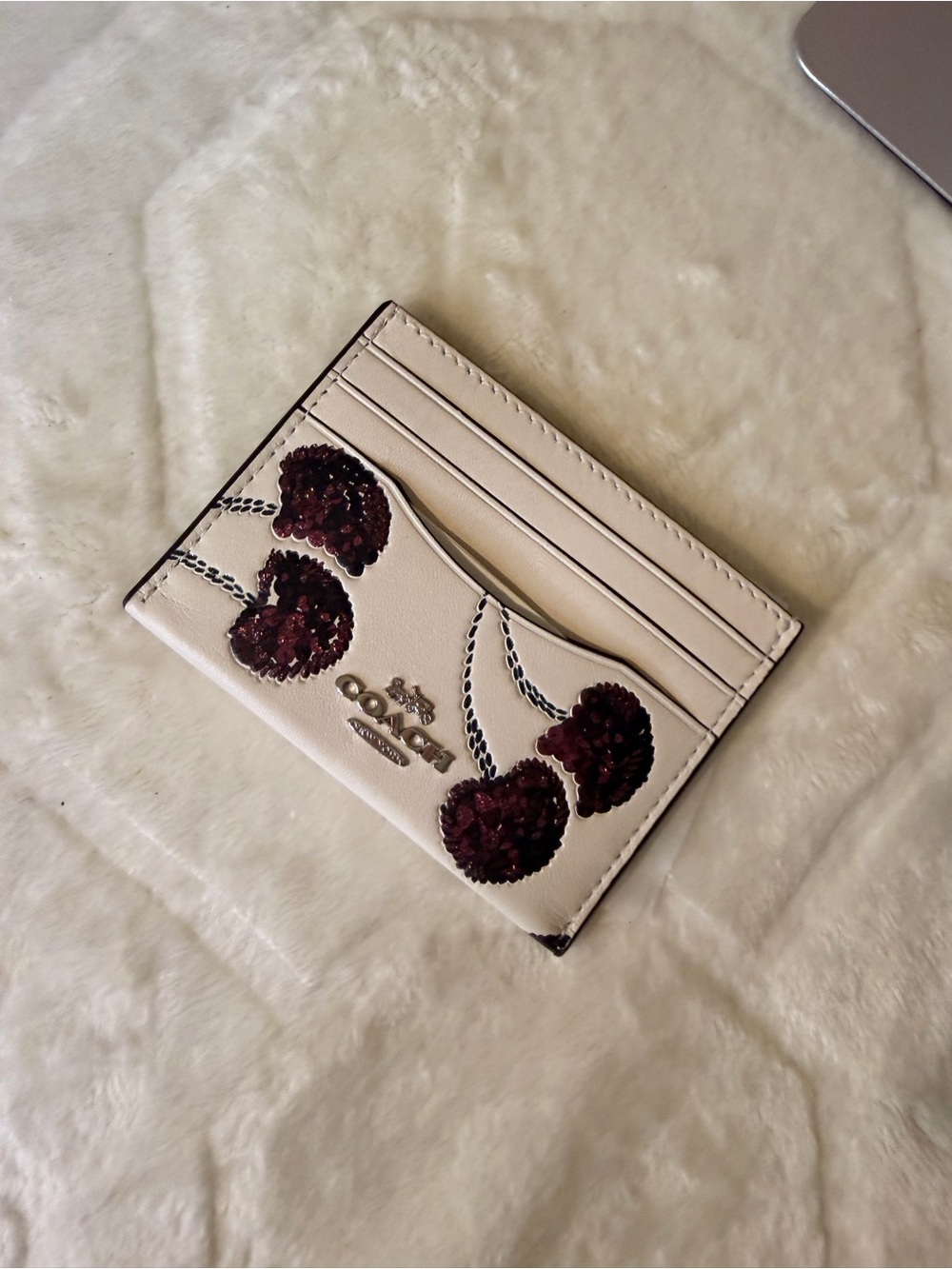 NWT Coach Cream Card Case with Burgundy Sequin Cherry Motif